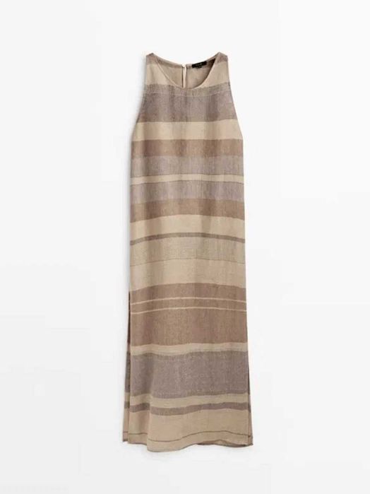 Massimo Dutti Rochie maxi lungă din incu dungi pastelate  nou  pastel maro bej natural