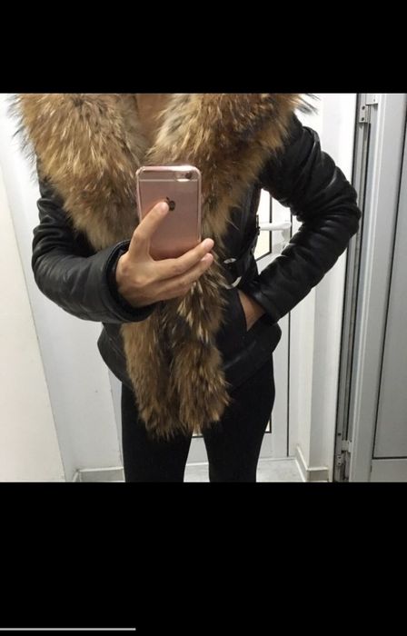 Дамско яке естествена телешка кожа и яка от лисица Versace