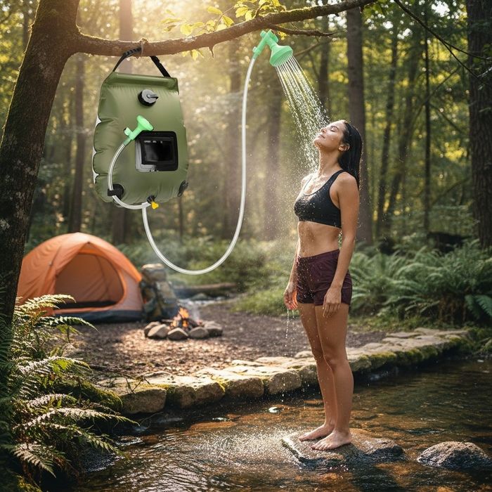 Преносим соларен къмпинг душ 20L с вграден термометър, сгъваем дизайн