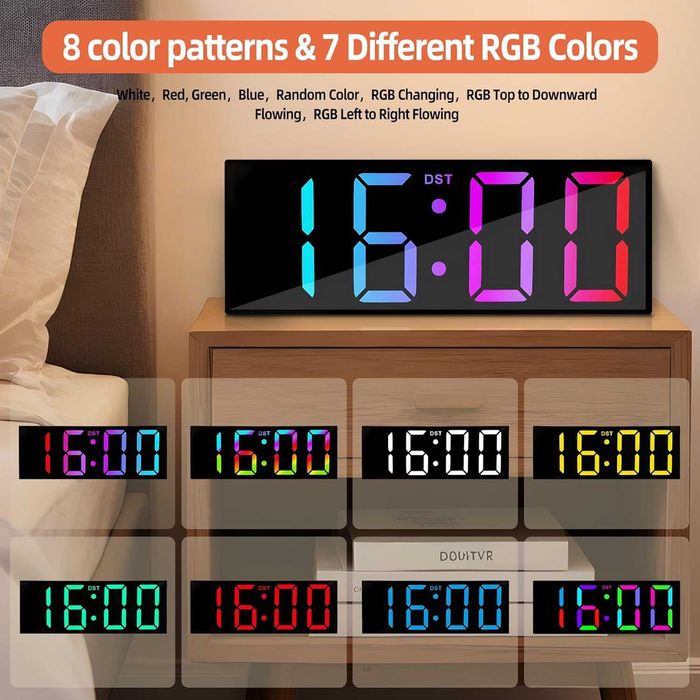 Дигитален Стенен Часовник 12" RGB LED с Дистанционно, Дата и Будилник