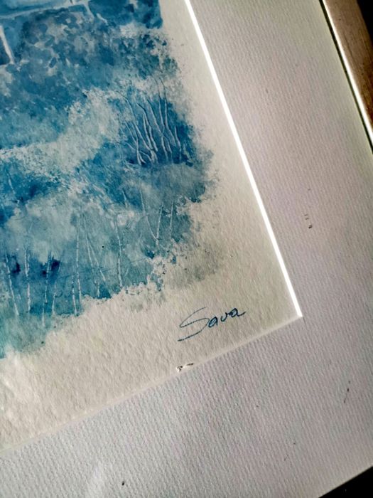 Картина в синьо Маьорка  рамка паспарту стъкло авторска подписана