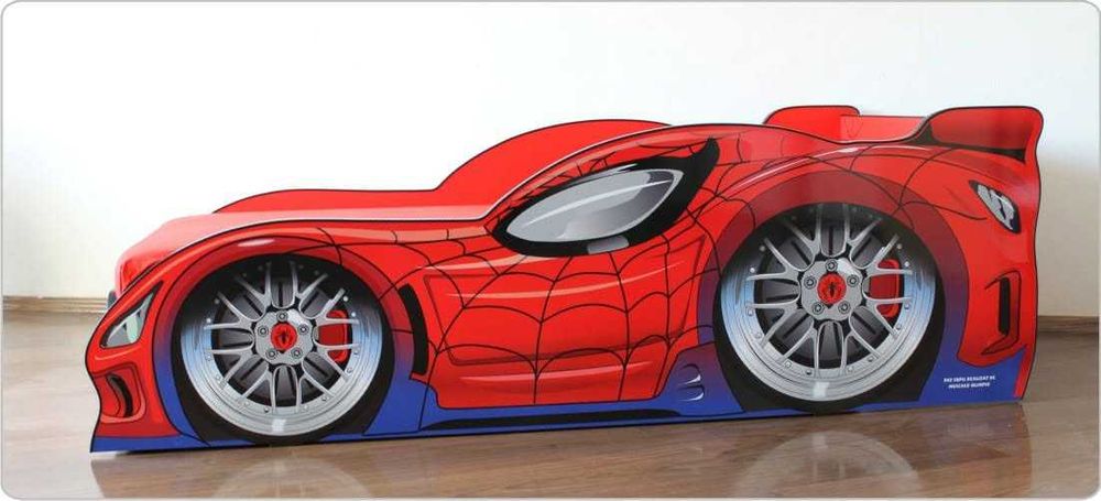 Patut copii baieti 2-8 ani model Masina Spider Man, saltea 140x70 inclusa si leduri luminoase
