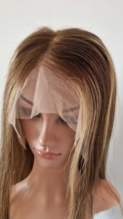 Естествена перука  70–75 см – Lace Front 13x6, кафява с руси кичури