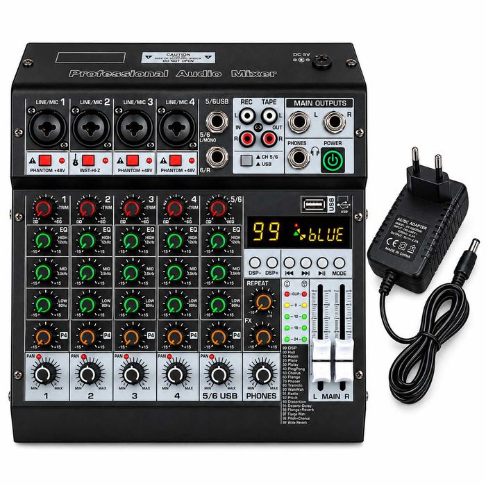 Pasiv mixer audio profesional 6 canale 99 Efecte digital DSP Stereo canal USB Bluetooth LED ecran