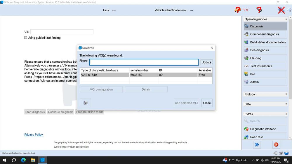 Tester/Diagnoza VNCI VAS6154A/Odis S25/E19+Leptop Lenovo L490 i5,8 gb
