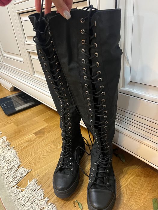 Нови ботуши thigh high canvas черни 36 - платформа, връзки, цип