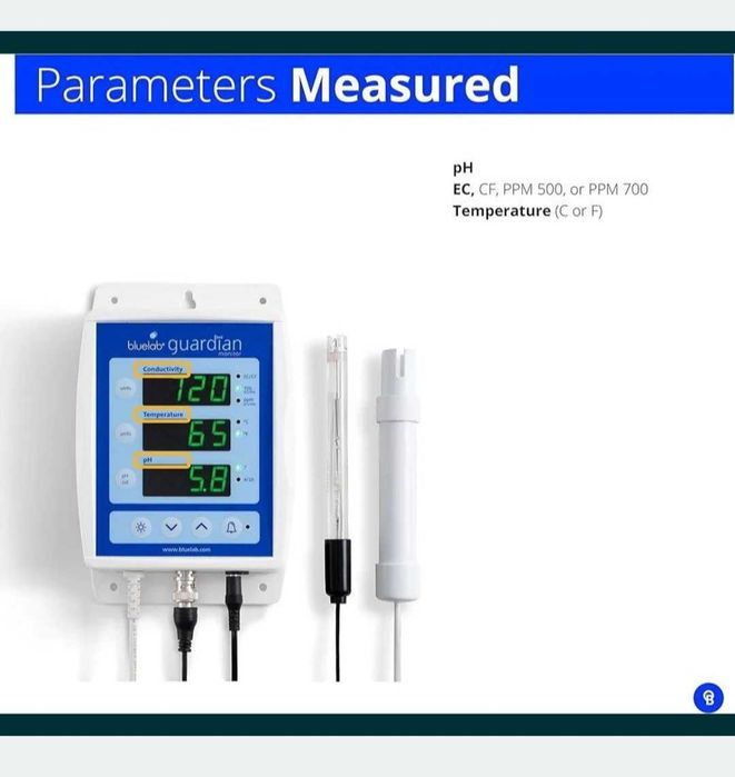 Monitor Bluelab măsurat temperatura, conductivitate, pH.