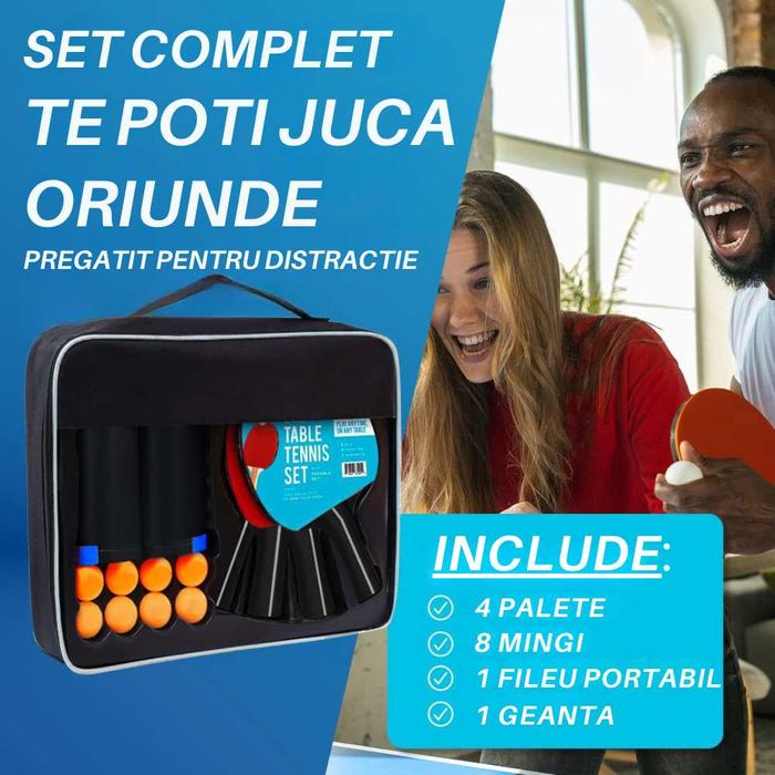 Set Complet Ping Pong, 4 Palete Tenis de Masa 8 Mingi, Fileu si Geanta