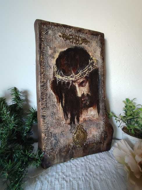 Icoană rustică pe lemn masiv– Isus cu coroană de spini