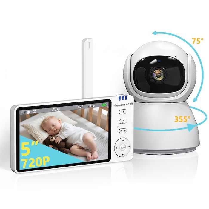 Голям 5инчов Бебефон с 360гр.въртяща аудио-видео камера