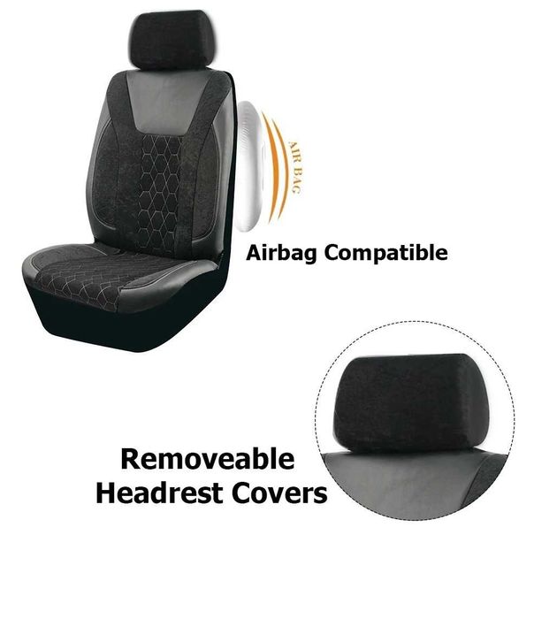 Луксозен универсален комплект автомобилни калъфи 9 части от еко кожа, текстил и полиестер - черно-сив