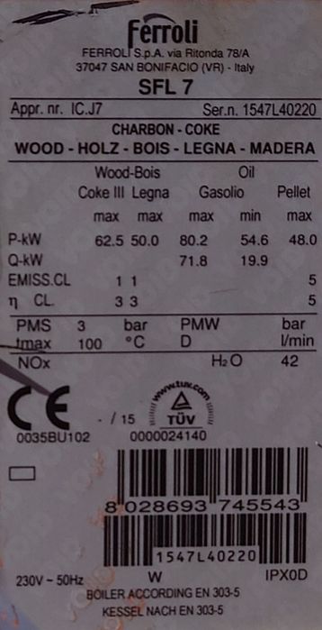 Чугунен котел на твърдо гориво Фероли/Ferroli SFL 7, 62 kW