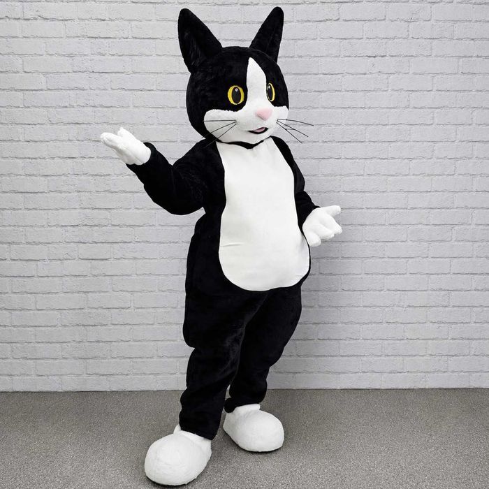Costum mascotă Felix Pisica alb-negru profesional realizat manual pentru petreceri, evenimente și spectacole copii și adulți