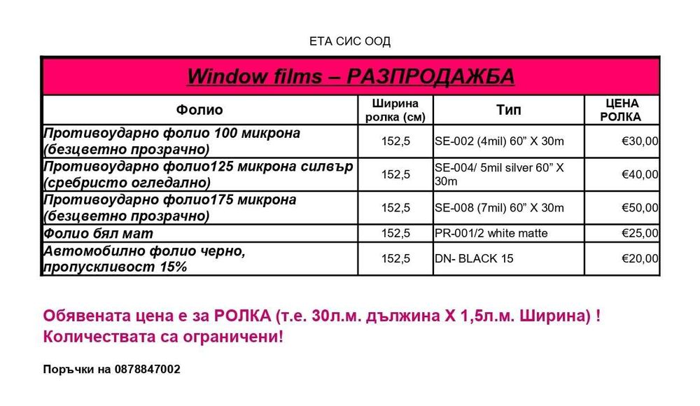 Разпродажба на фолио за стъкла - противоударно и декоративно