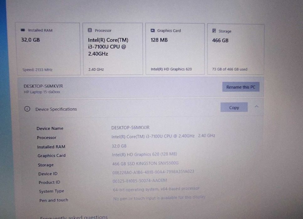 Laptop HP 15-da0136nq, Intel i3-7100U 2.4GHz, 15.6", 32 GB, SSD 500GB