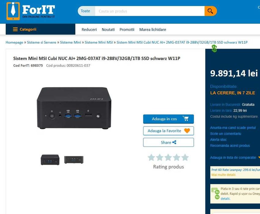 Mini PC MSI CUBI NUC AI+ SIGILAT Intel Core Ultra 9 288V 32GB 1TB Intel Arc 140V 2xLAN WiFi