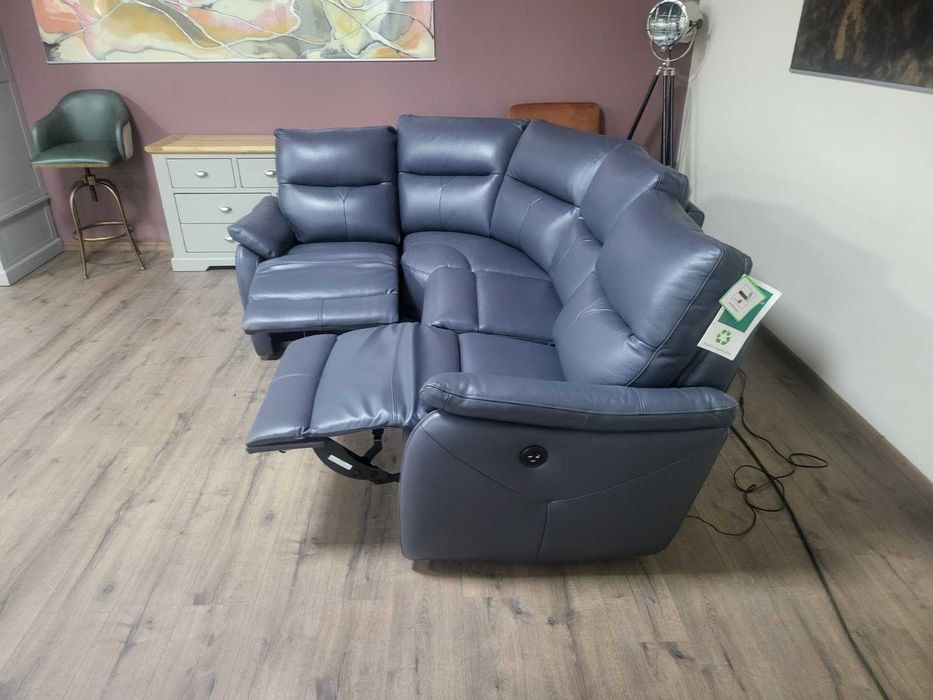 ПРОМОЦИЯ!!! Син кожен ъглов диван "Albion" с ел. релакс механизъм