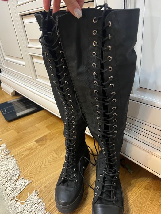 Нови ботуши thigh high canvas черни 36 - платформа, връзки, цип