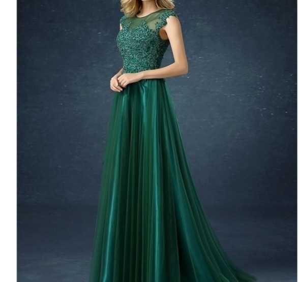 Rochie verde eleganta lunga cu dantela pe bust