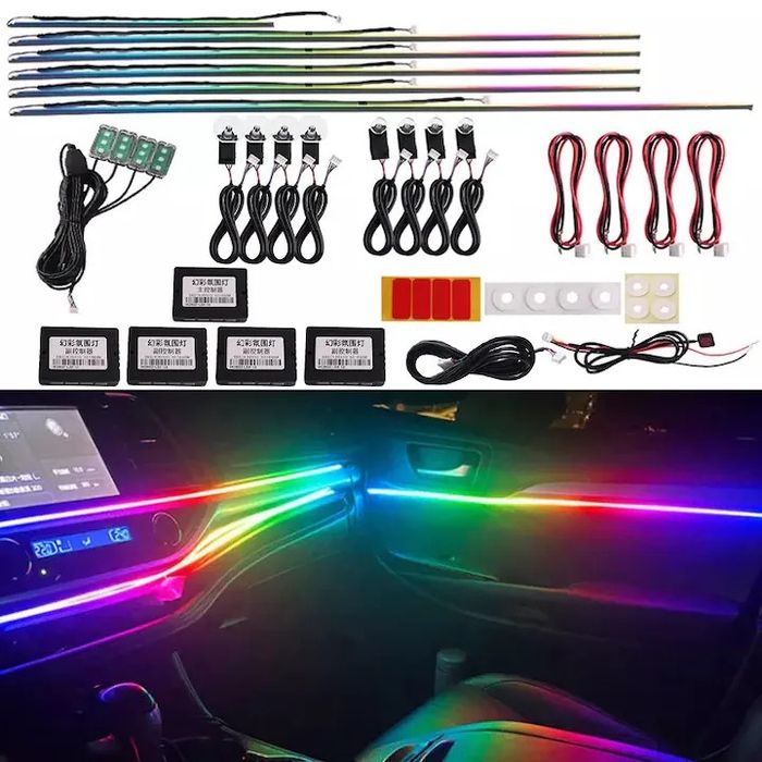 Kit Lumini Ambientale Auto Dinamice 18 în 1 – Symphony Edition, Acrilic RGB, Control Bluetooth & Sincronizare Muzicală
