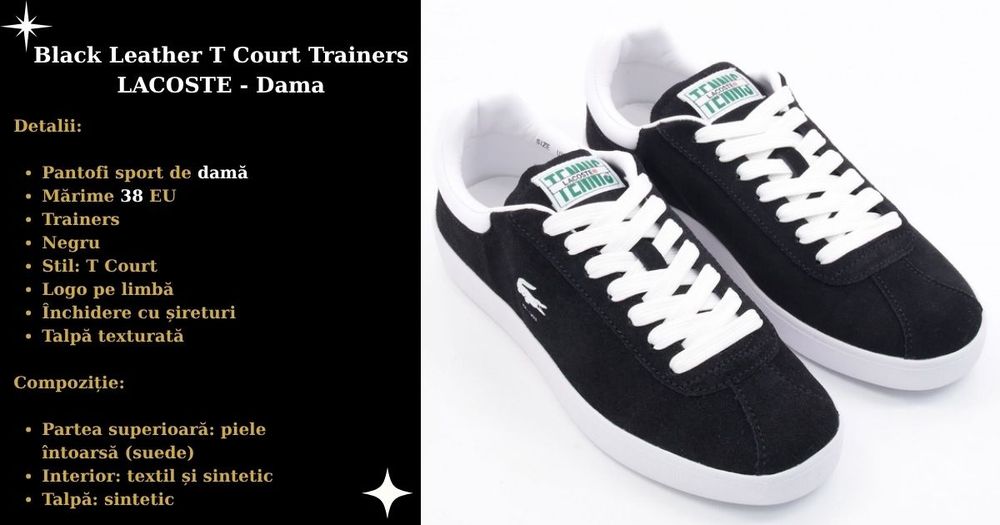 Black Leather T Court Trainers Lacoste Dama