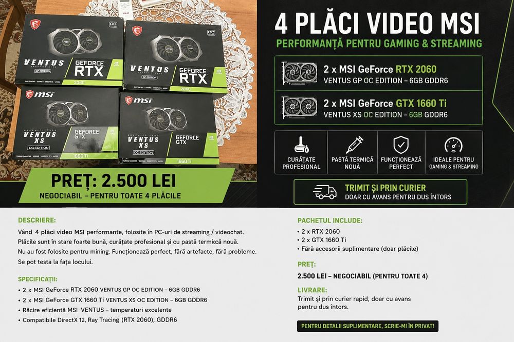 4 Plăci Video MSI – 2x RTX 2060 + 2x GTX 1660 Ti – 6GB – 2500 Lei