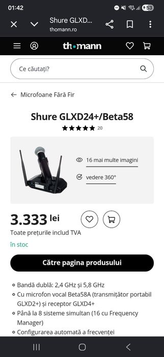 Shure glx d4/ beta 58 stare de functionare nou