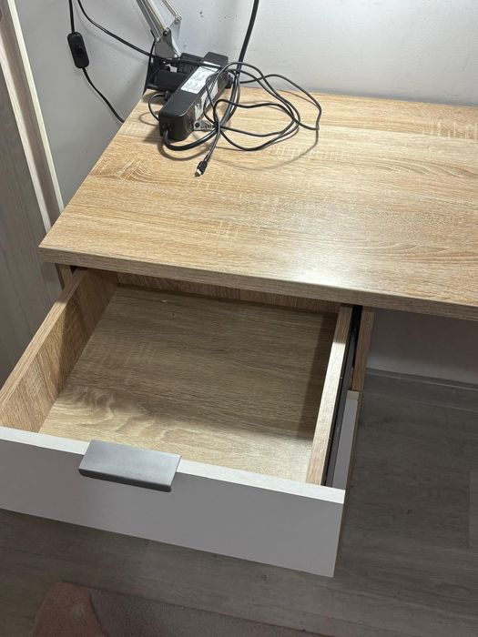 Birou cu sertar si dulap stejar/alb mat, 130x50x75.5 cm