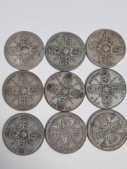 Lot 9 monede Anglia Marea Britanie 9 x 1 florin 1920-1929 argint