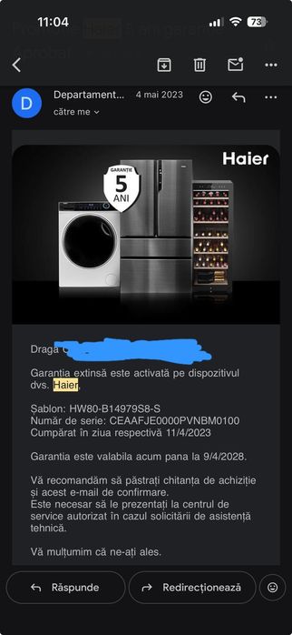 Masina de spalat Haier 8Kg garantie pana in 2028