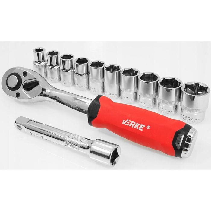Set chei tubulare 1/2", CR-V cu clichet 72T și extensie, 12 piese,