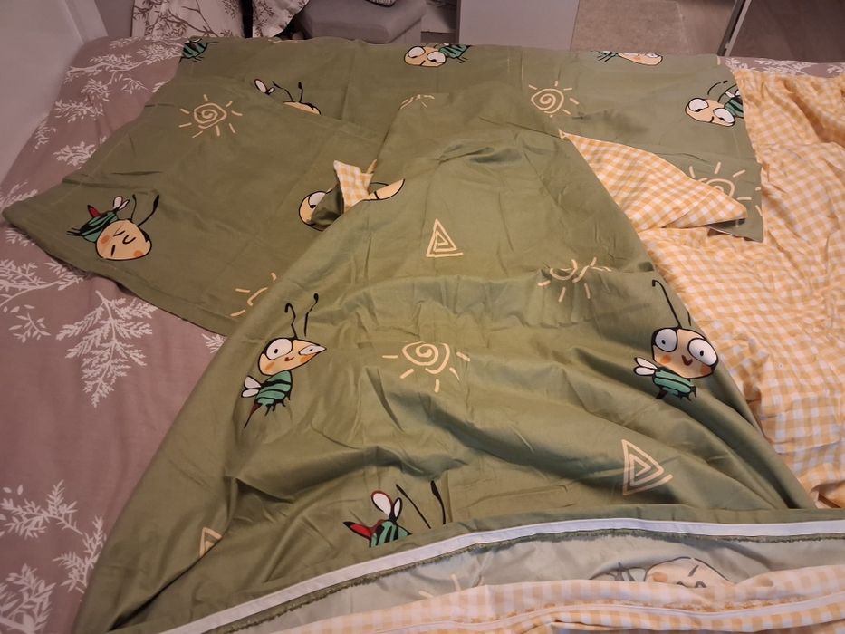 Комплект спално бельо в зелено и жълто с пчели, 100% памук