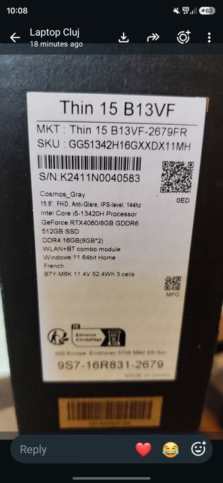 Laptop Gaming MSI Thin 15 B13VF - i5-13420H / RTX 4060 8GB / 16GB RAM / 512GB SSD  / 15.6" 144Hz - (Nou)