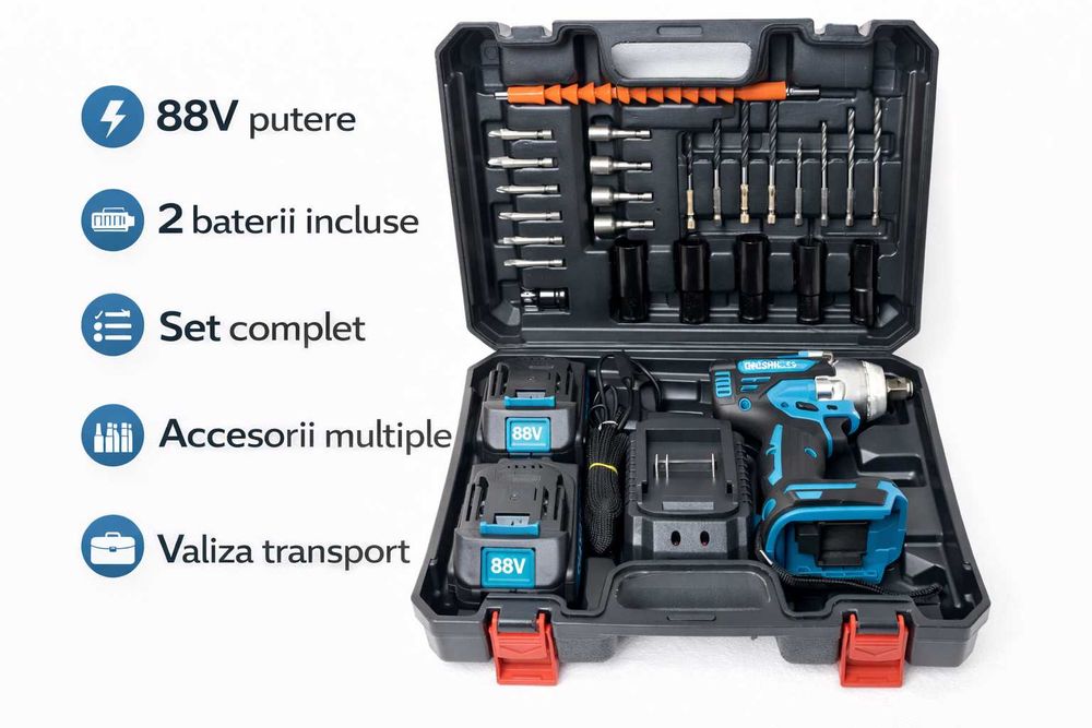 Kit cheie de impact 88V cu 2 baterii si accesorii complete