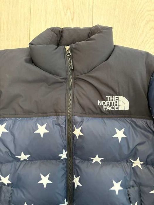 The North Face USA Stars Print 700 Down Puffer Nuptse Jacket Navy Blue