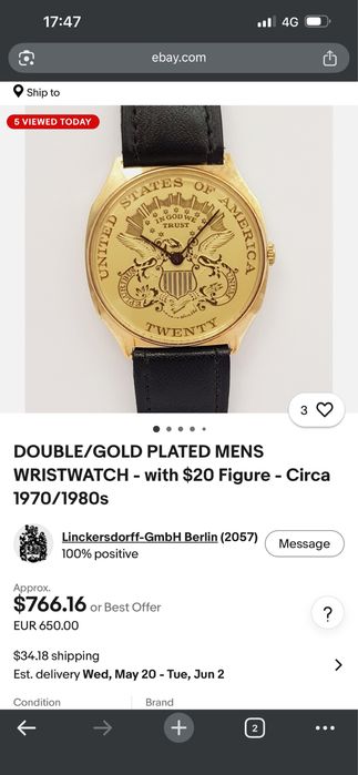 CEAS DE MÂNĂ BĂRBĂTESC PLACAT CU  AUR -editie cu blazonul de 20 USD - anii 1970/1980