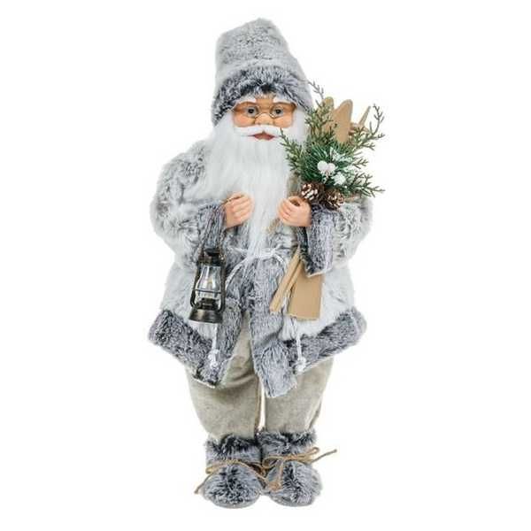 Коледна реалистична фигура Дядо Коледа,Сиво палто със ски и фенер,46см