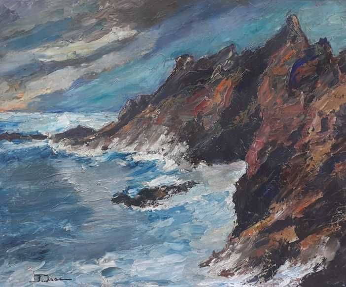 Tablou vechi - stanci in Bretania - semnat I. Isac