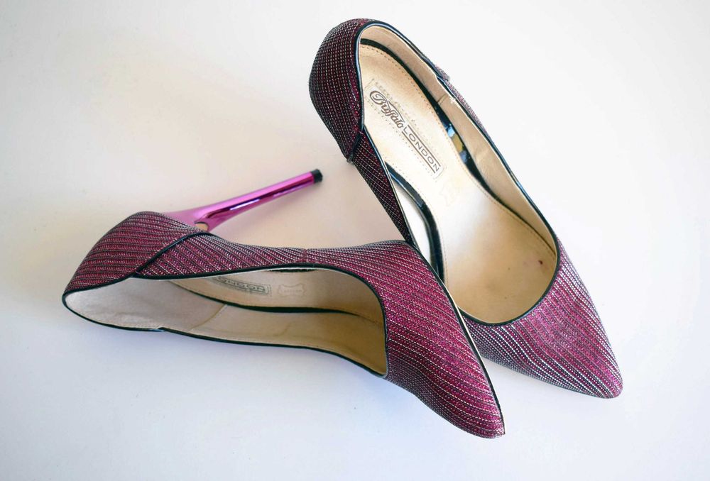 Buffalo London, Pink Glitter, Leather Court Shoes Pointed Toe Stiletto Heels