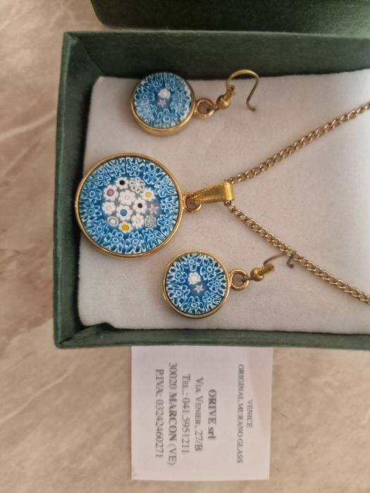 Set bijuterii Murano original – colier + cercei, Millefiori, cu certificat