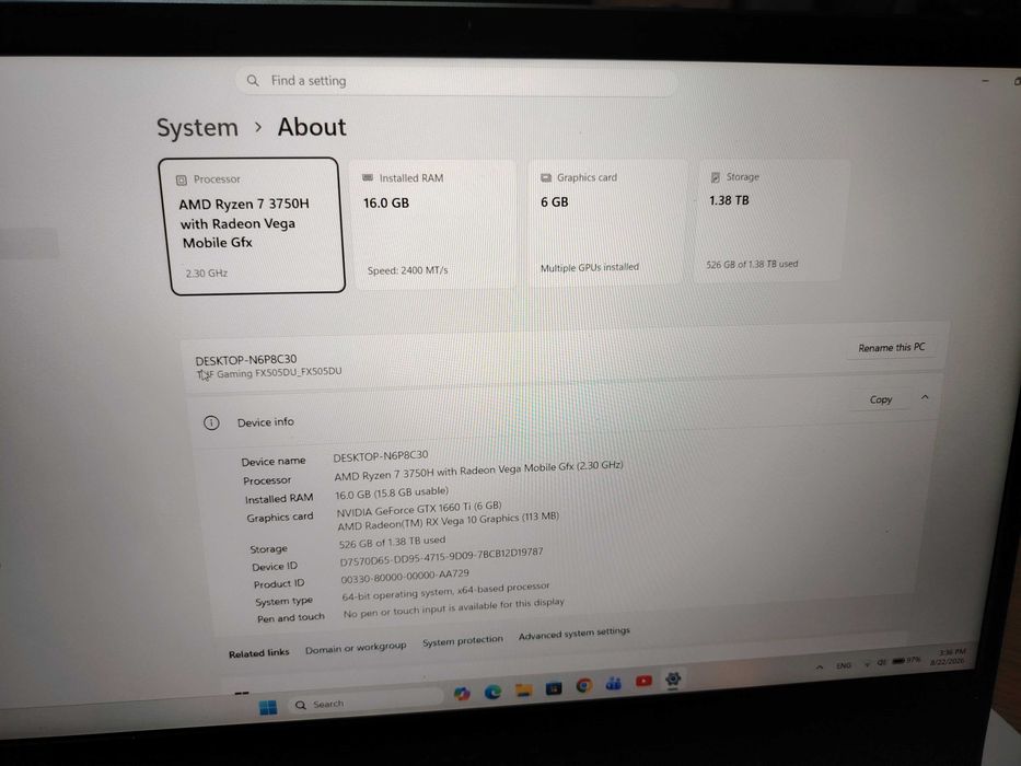 Laptop gaming asus tuf fx505du gtx1660ti 6gb