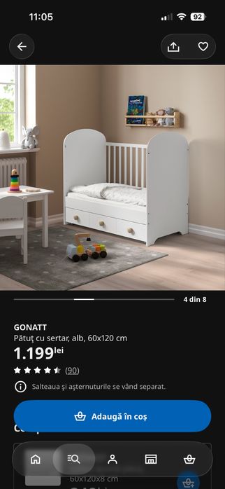 Patut copii gri ikea 60x120 cm (+ saltea)