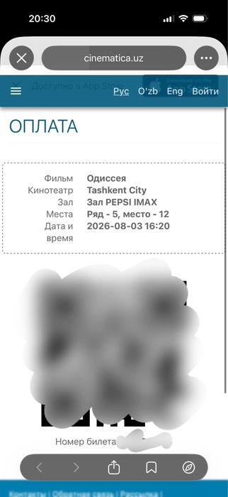 1 билет на «Одиссею» в IMAX, центральное место