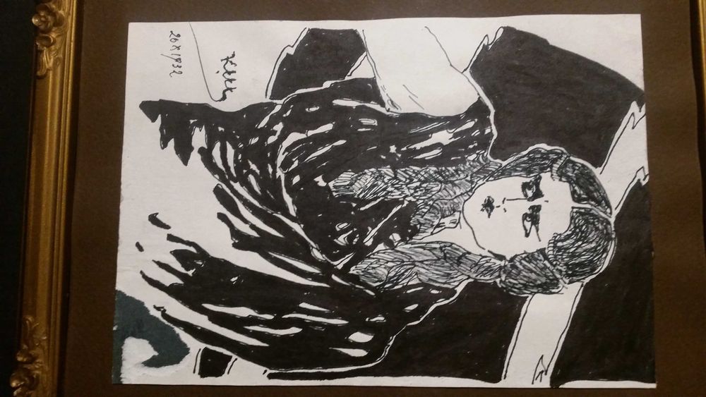 Черно бяла графика, рисувана с черен туш на ръка. Има и подпис. К. Щъркелов- 1932 г.