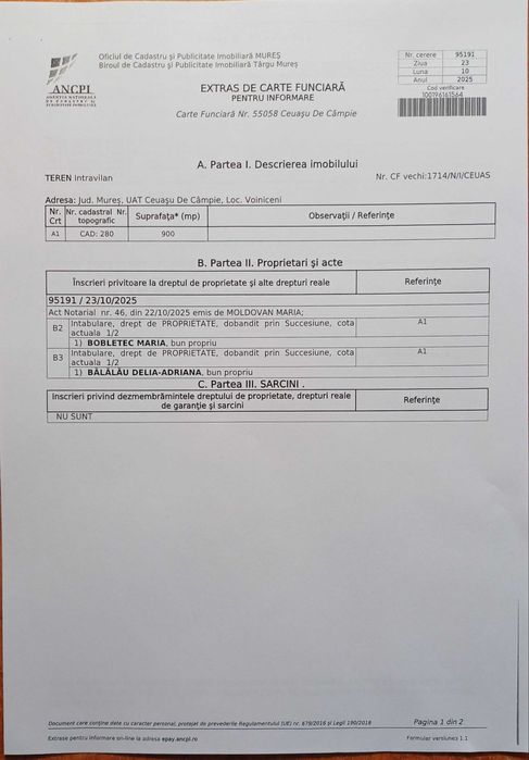 Teren de vanzare in Voiniceni, bun pentru constructii