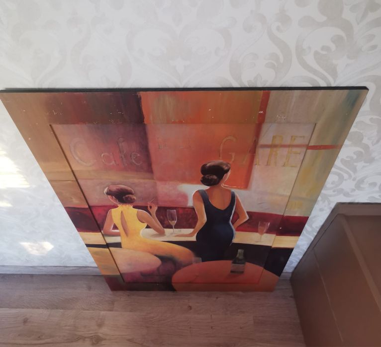 Антикварна картина две жени в кафене голяма в рамка без паспарту