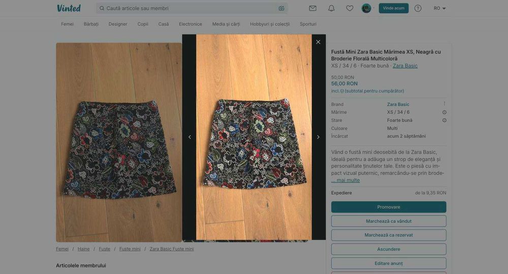 Fustă Mini Zara Basic Mărimea XS, Neagră cu Broderie Florală Multicoloră