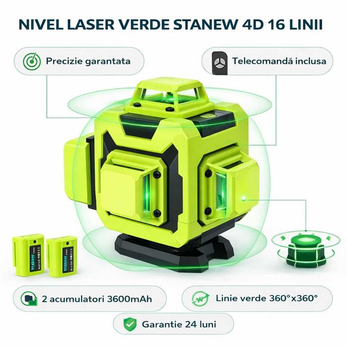 Nivel Laser cu Linii Verzi – 16 Linii, Auto-Nivelant, cu Afișaj Digital și 2 Baterii