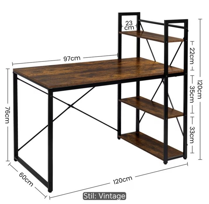 Birou - Masă de birou cu rafturi - Birou pentru calculator - Birou industrial pentru acasă - 60X120X76/120