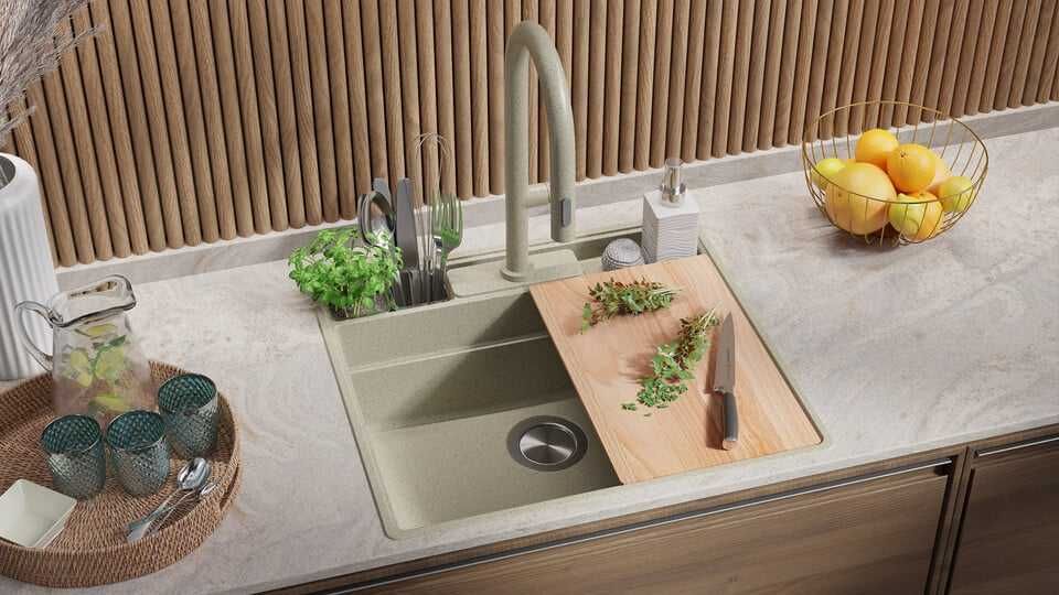 Беж кухненска мивка от гранит Ню Йорк 60 Multispace 580 x 530 мм